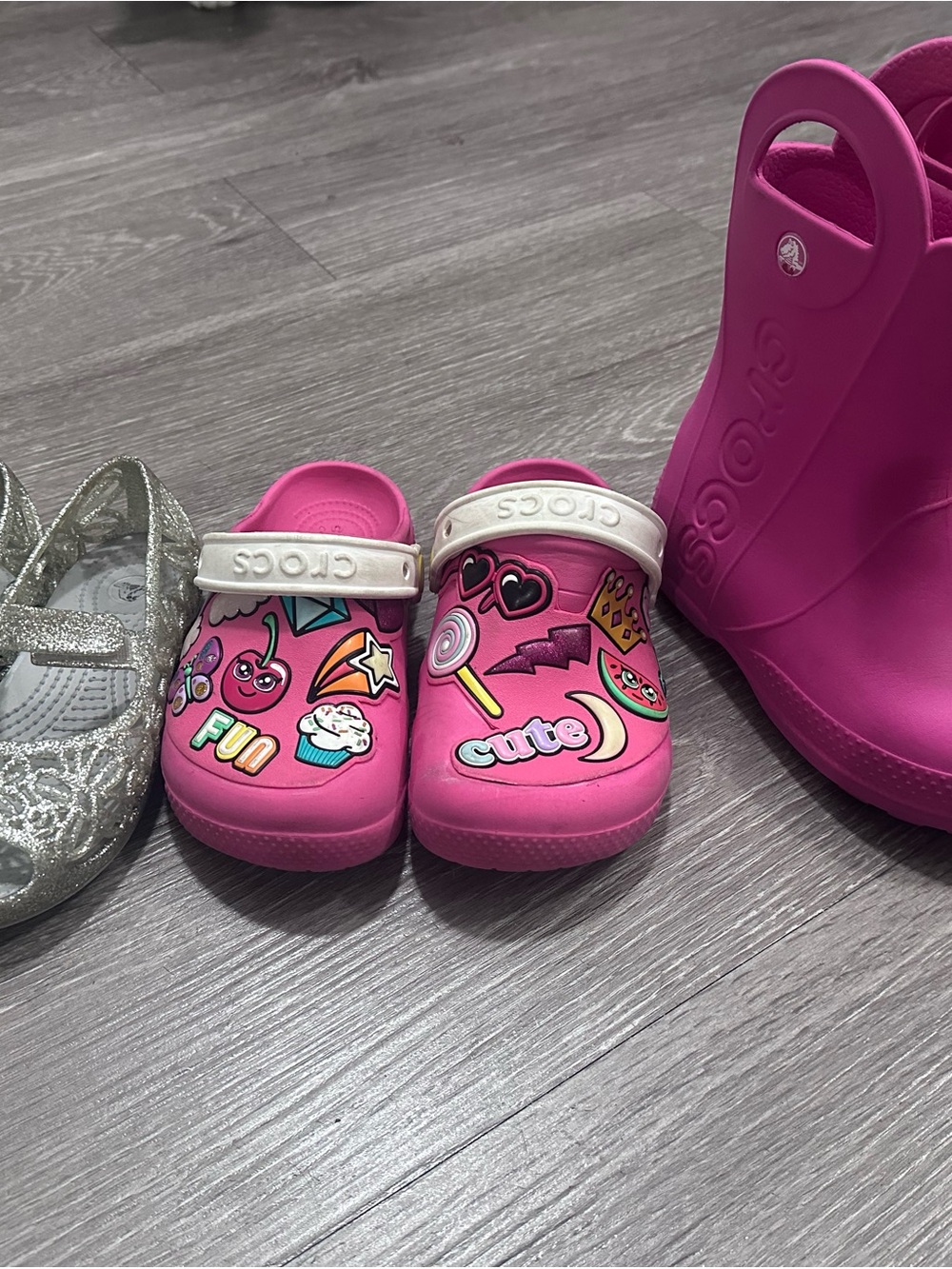 Crocs Kids Rain Boots, glow in dark Clogs, glitter Jelly Mary Jane size 12 girls